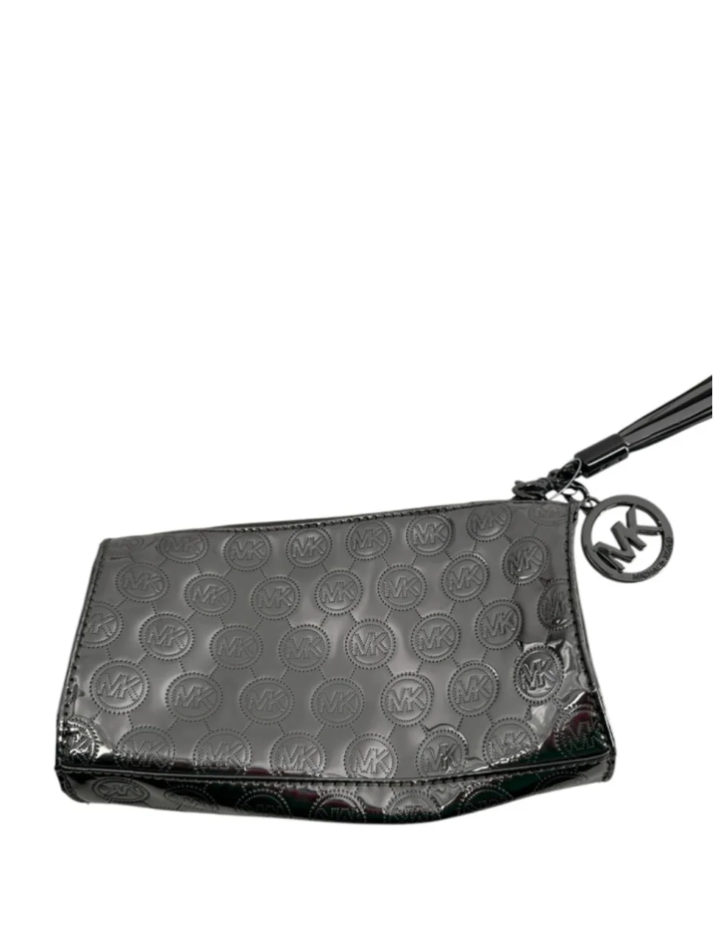Michael Kors Metallic Gunmetal Embossed MK makeup pouch compartments charm